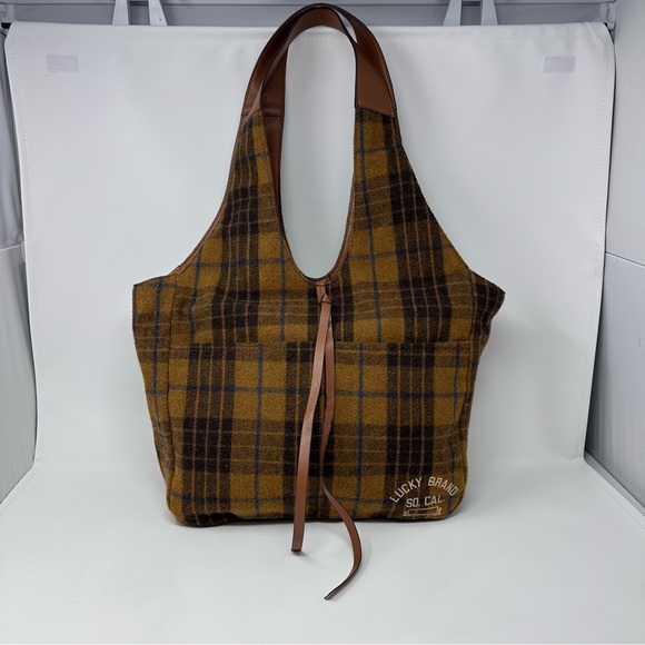 Lucky Brand Purse Brown Tan Blue Plaid Wool Blend Shoulder Bag Tote Front Pocket - Picture 2 of 14